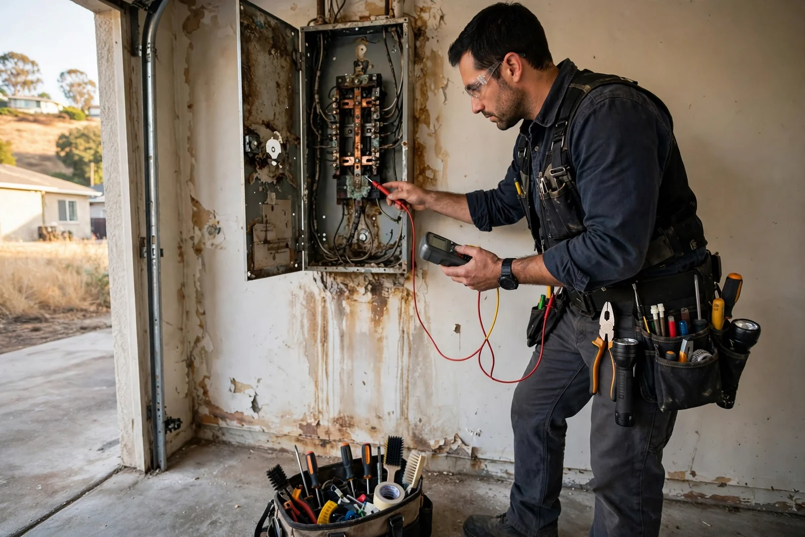 Scorched receptacle removed from wall box during electrical repair diagnosis