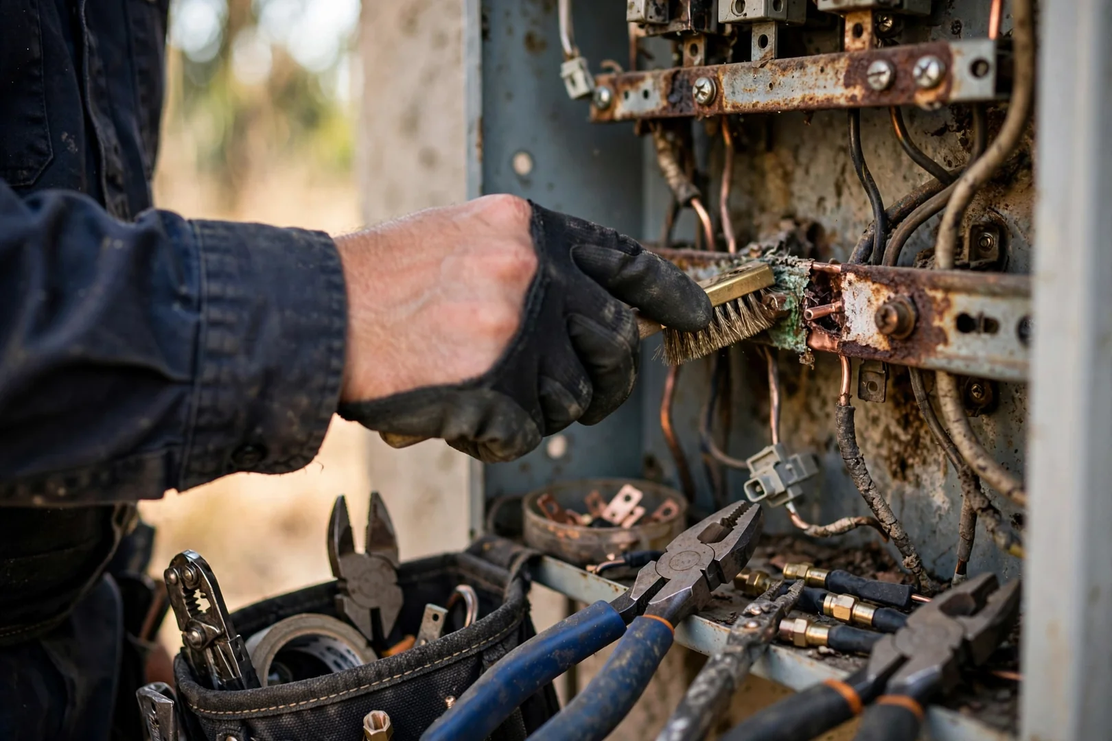 Technician using a clamp meter to check load on an overloaded circuit