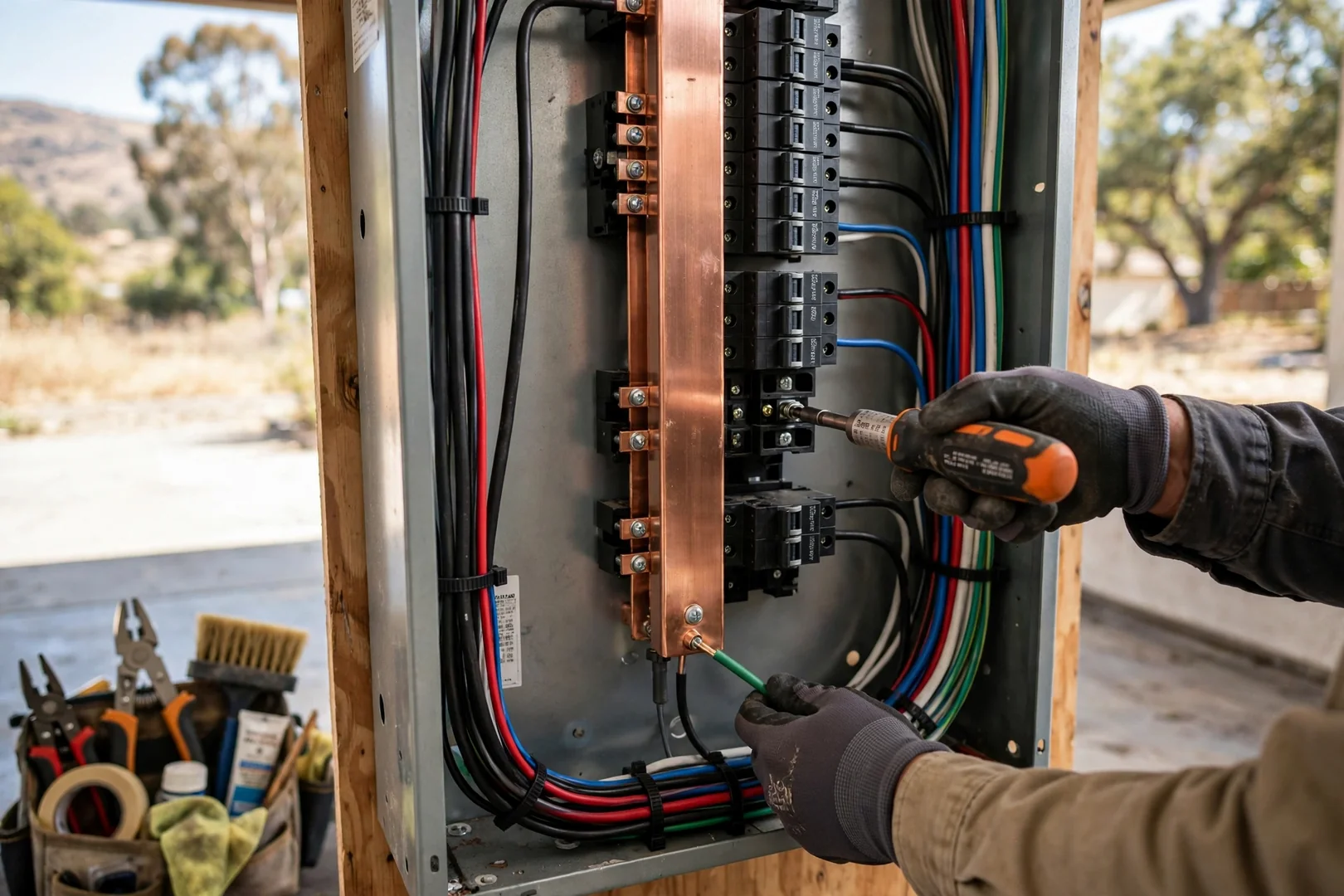 Restored load center interior with clean copper bus bar and re-terminated branch circuit breakers