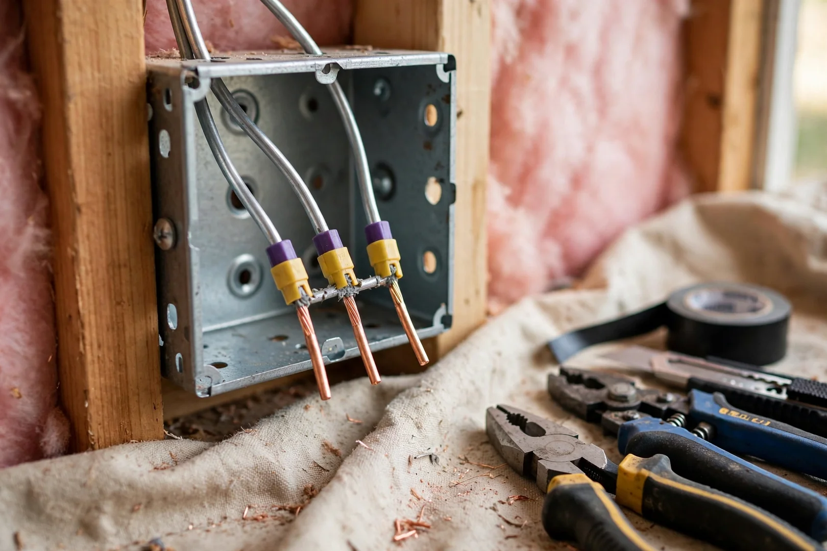 Repaired outlet box with aluminum conductors pigtailed to copper using approved connectors