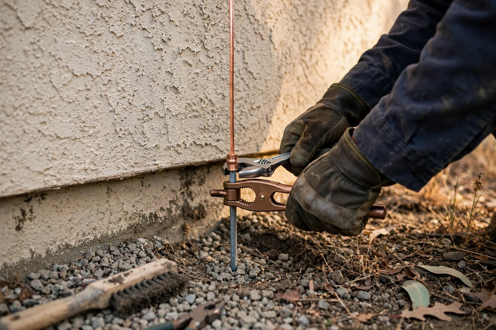 Exterior wall repair showing new grounding electrode conductor clamped to a driven ground rod