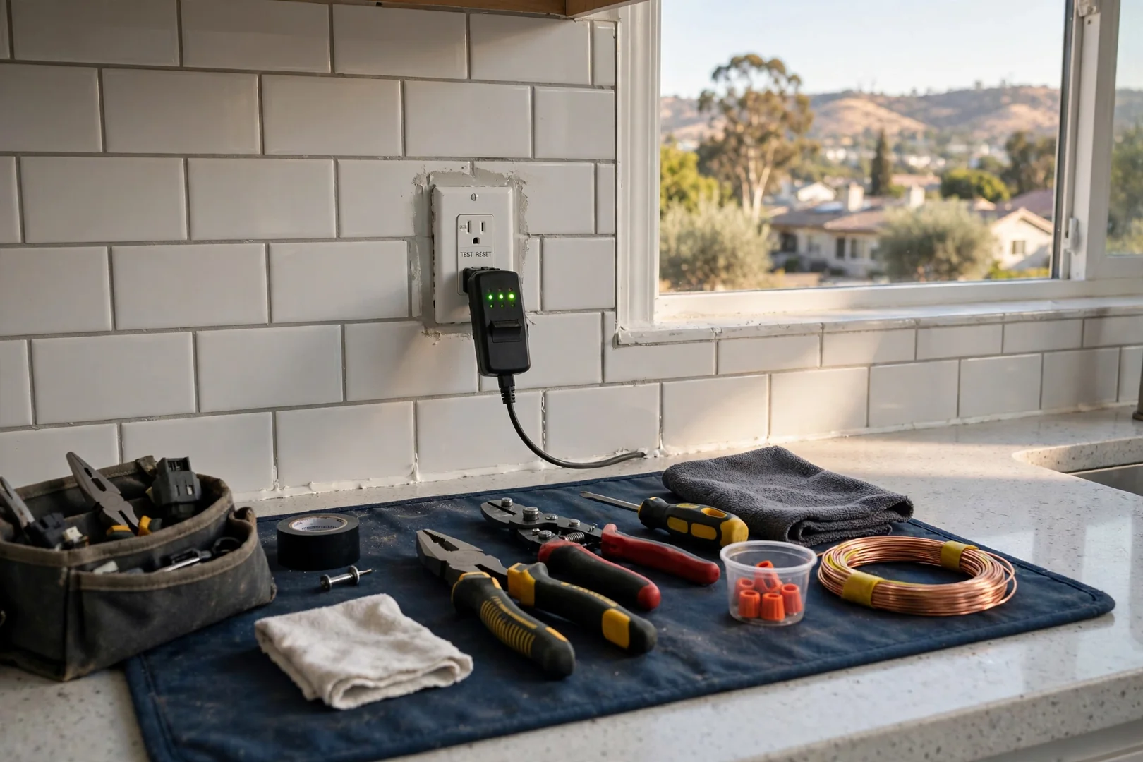 Kitchen countertop circuit repair with GFCI protection restored above the backsplash