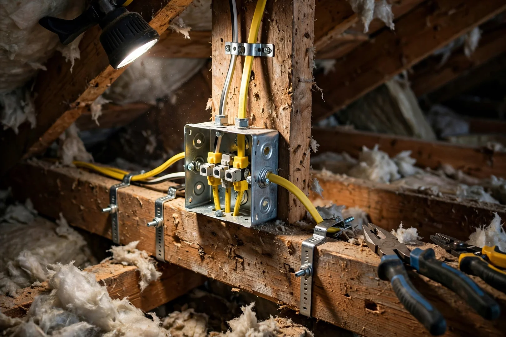 Attic junction box rebuilt with new connectors, proper box fill, and secured cable clamps