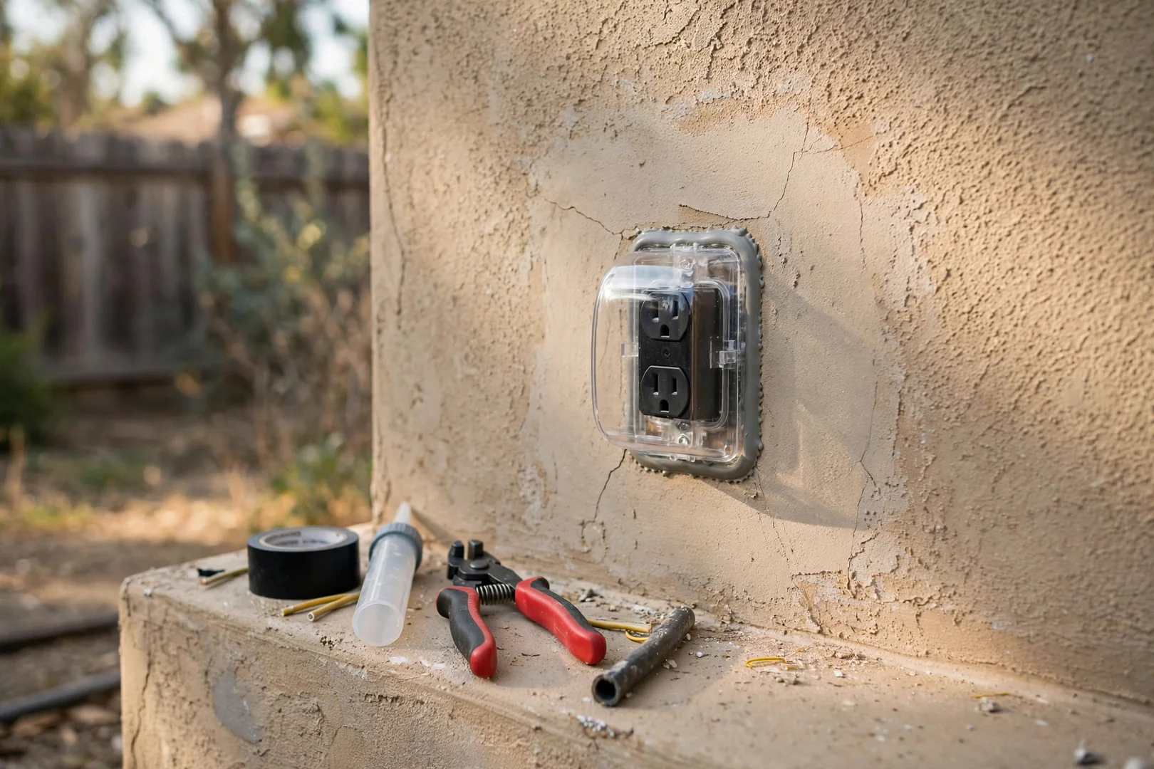 Weather-resistant exterior outlet reinstalled with new in-use cover on a patio wall