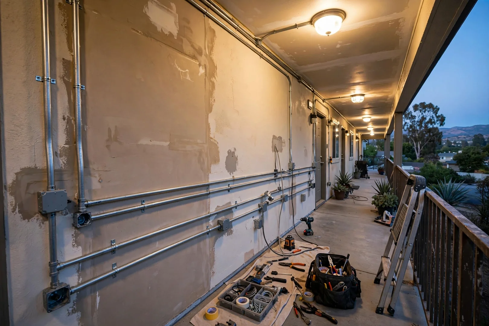 Common-area lighting circuit restored with new conductors pulled through surface conduit
