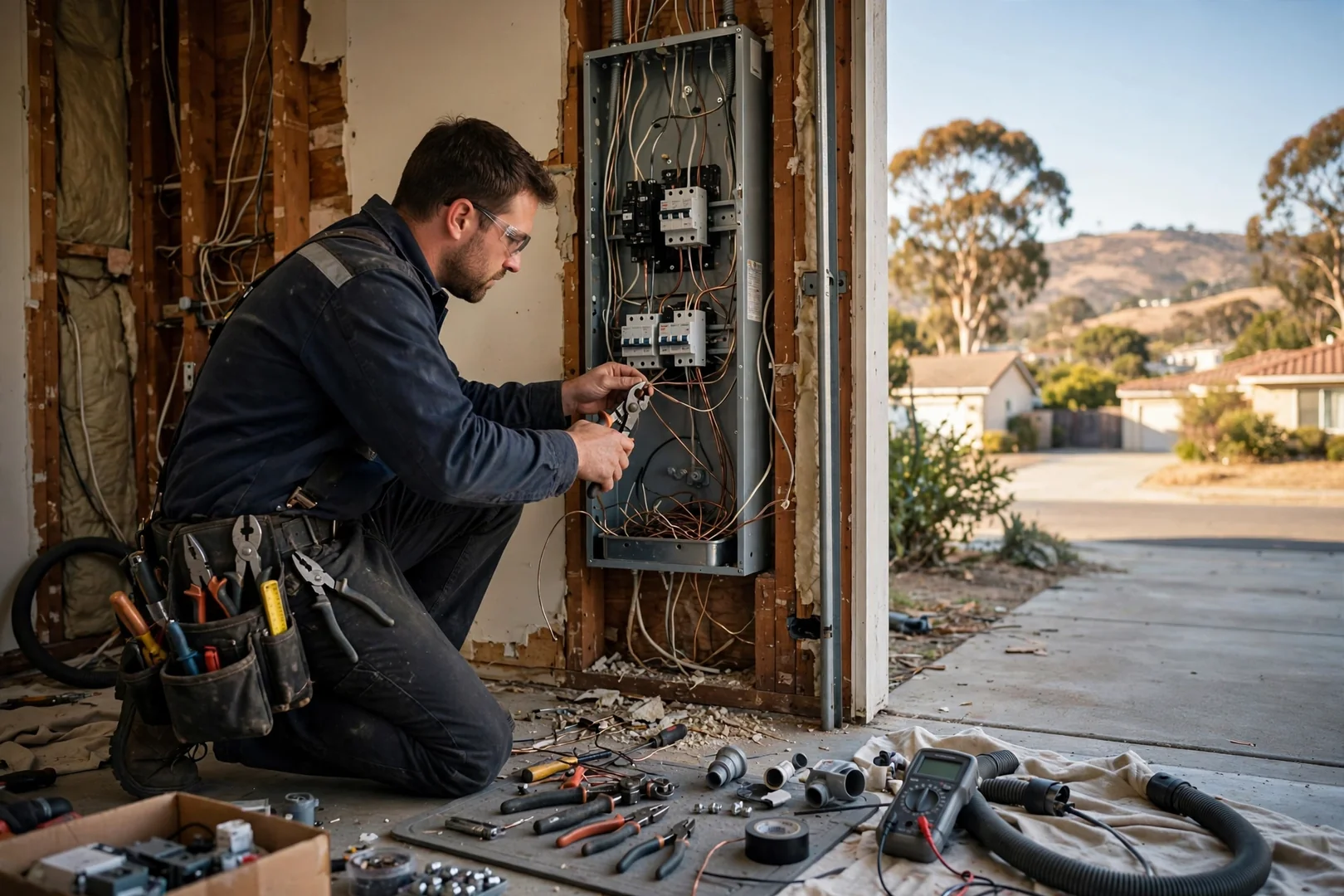 Technician documenting repaired outlet wiring and grounding connections inside a Dublin home