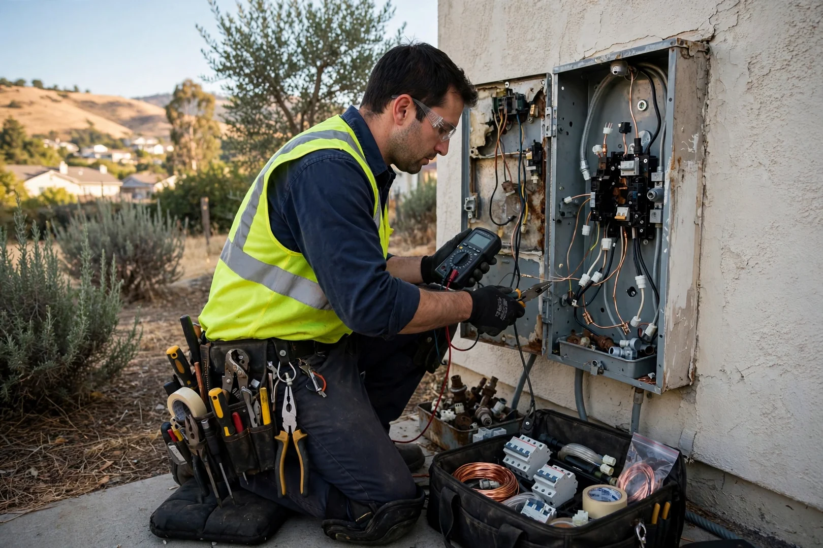 Electrician measuring branch circuit voltage inside an open residential panel in Dublin