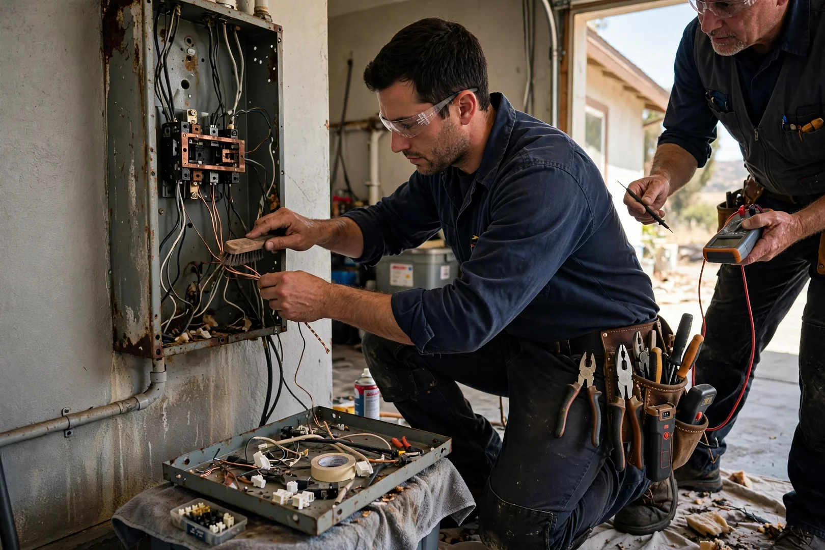 Electrician testing outlet voltage during a troubleshooting visit at a Dublin home