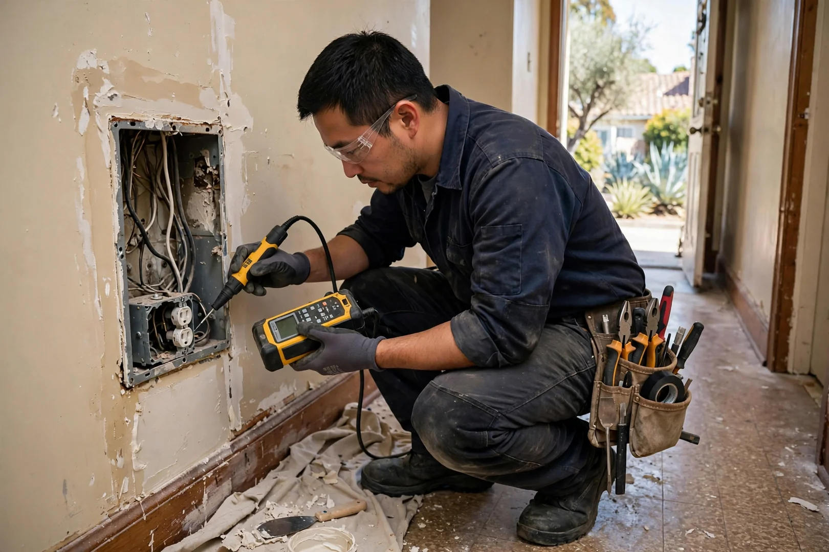 Electrician using a circuit tracer at an open receptacle box in a Dublin hallway