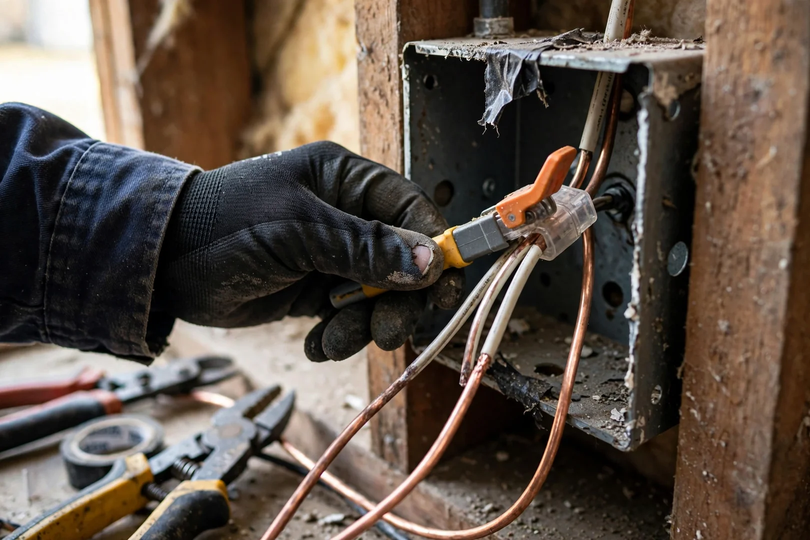 Close-up of a repaired neutral wire connection inside a residential junction box