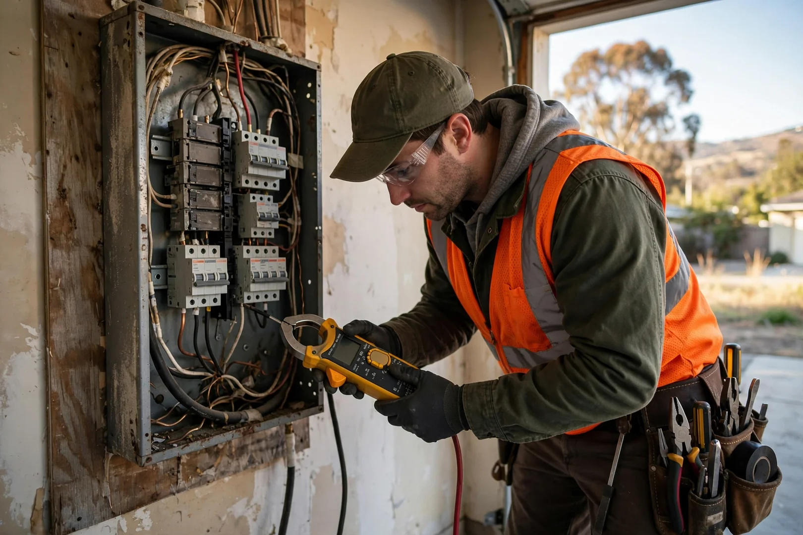 Clamp meter reading amperage on a branch circuit conductor inside an open load center