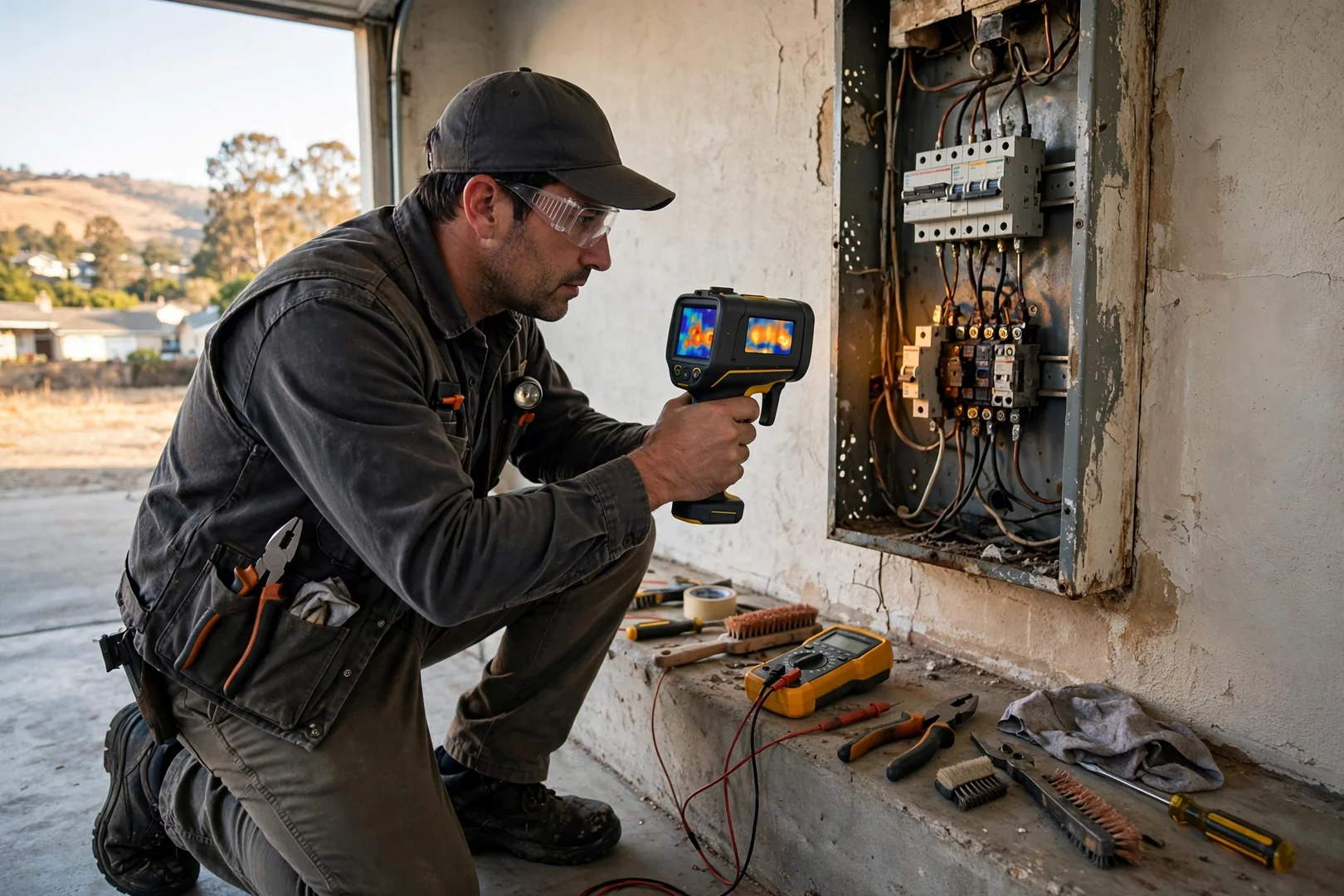 Thermal imaging camera aimed at breaker terminations during an electrical diagnostic inspection