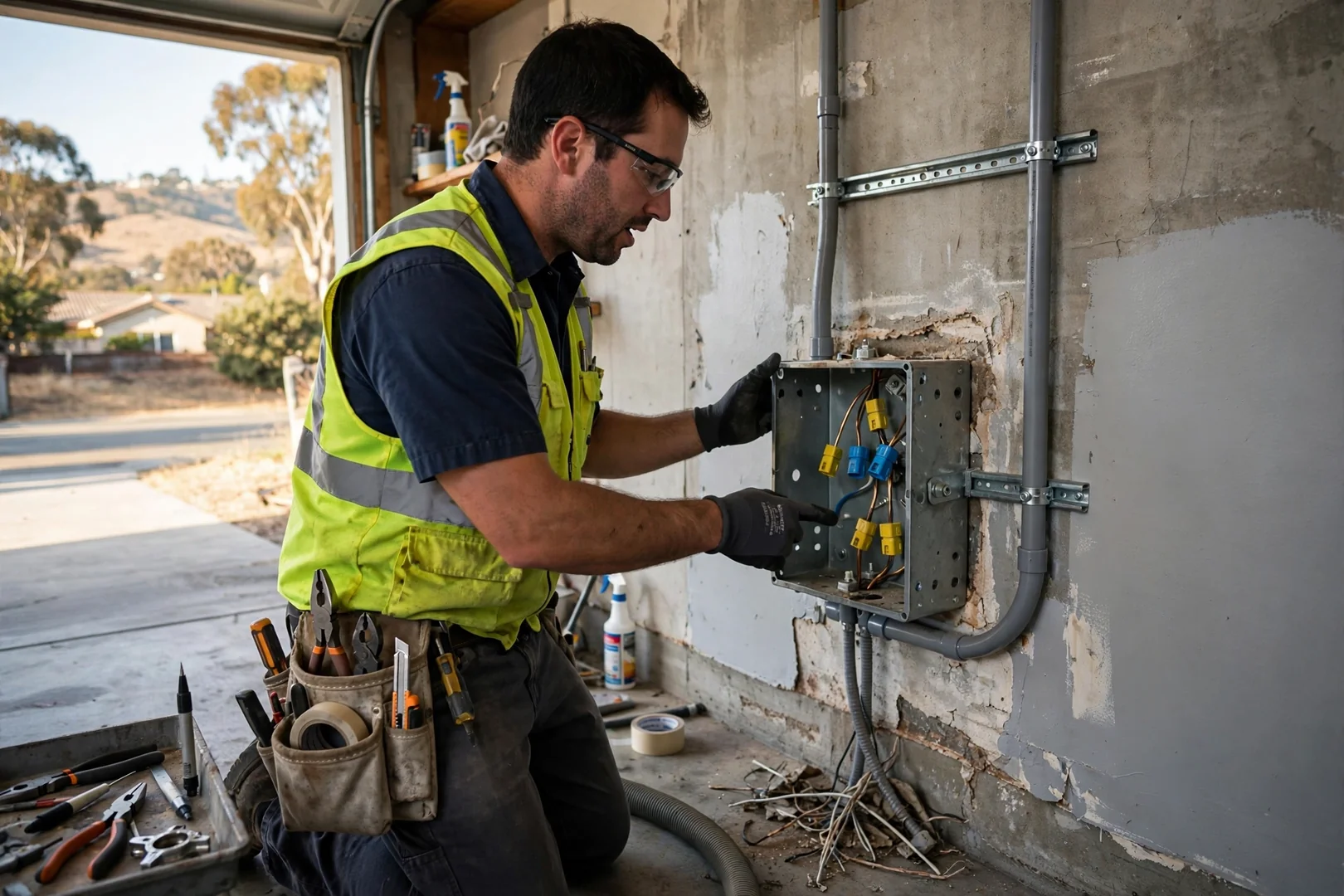 Restored garage junction box with new wire connectors and secured conduit after repair