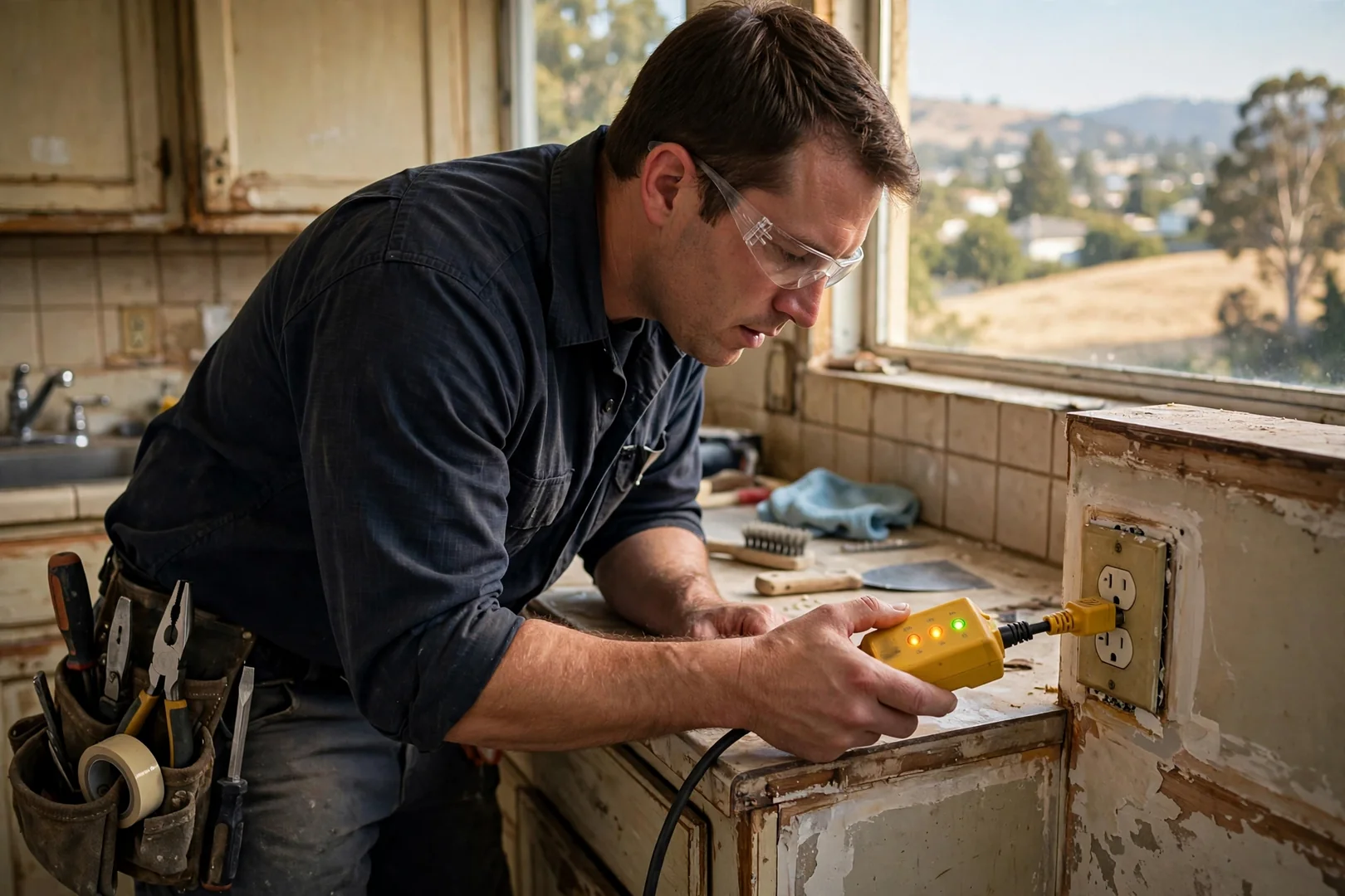 Technician testing a kitchen GFCI receptacle with a plug-in circuit analyzer
