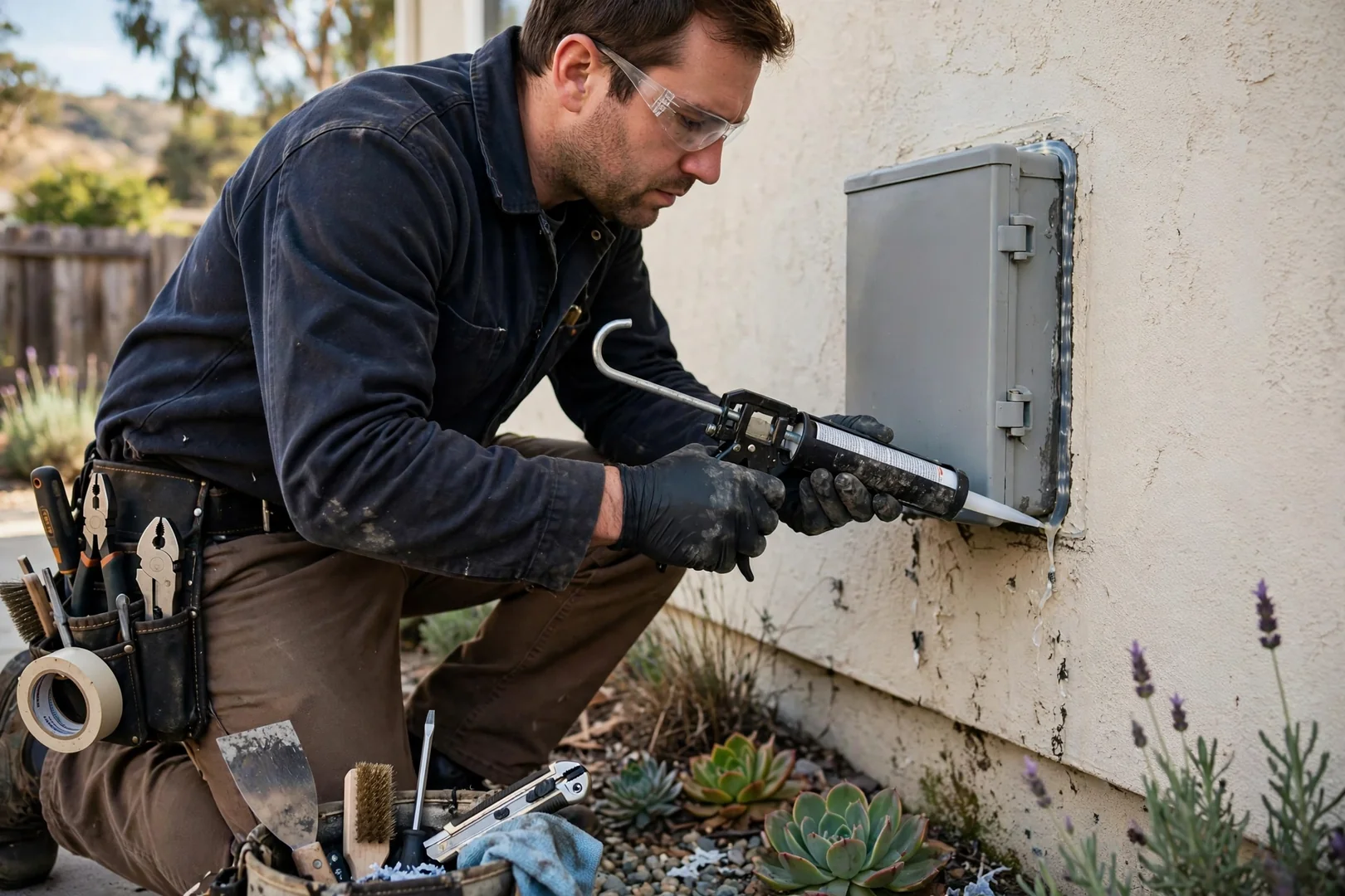 Outdoor weatherproof electrical box being resealed on a Dublin home exterior wall