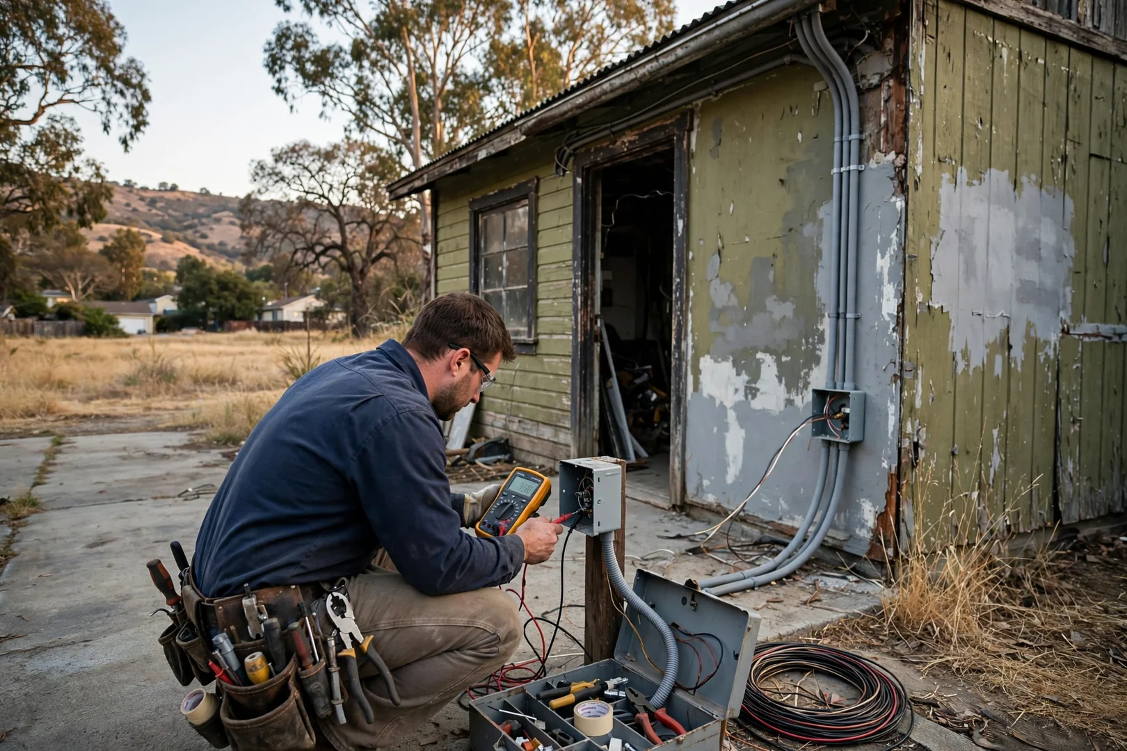 Wide shot of a detached workshop feeder run with a multimeter recording voltage readings