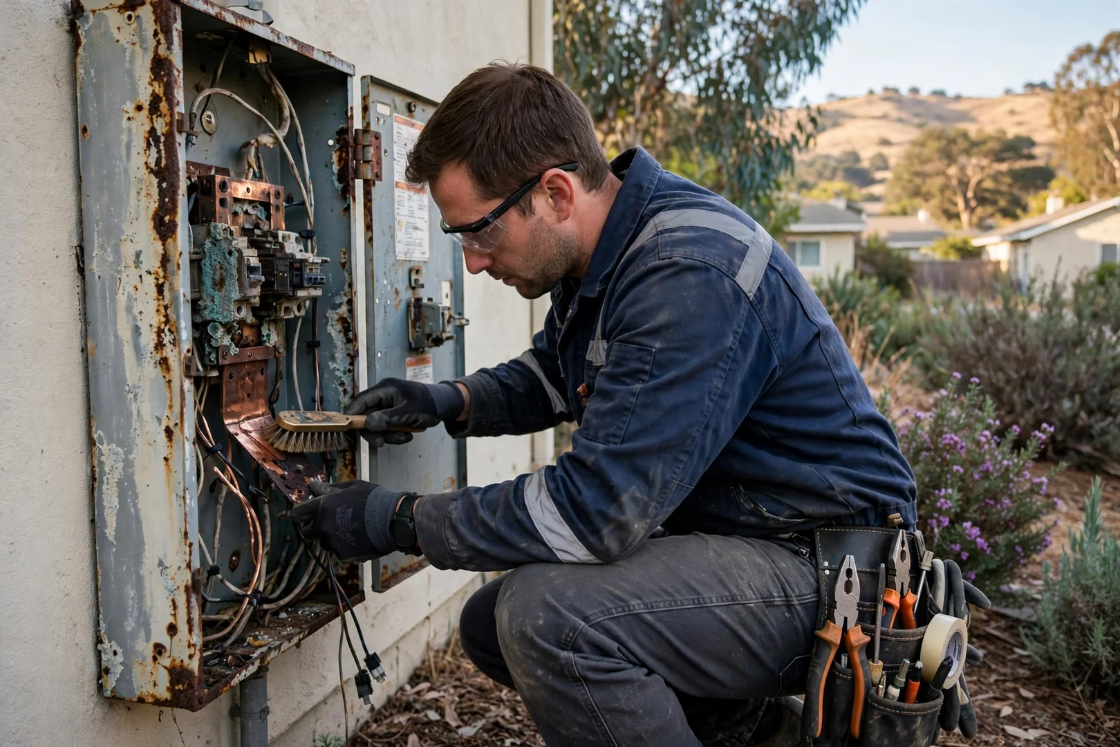 Technician documenting circuit test readings during a residential electrical troubleshooting visit
