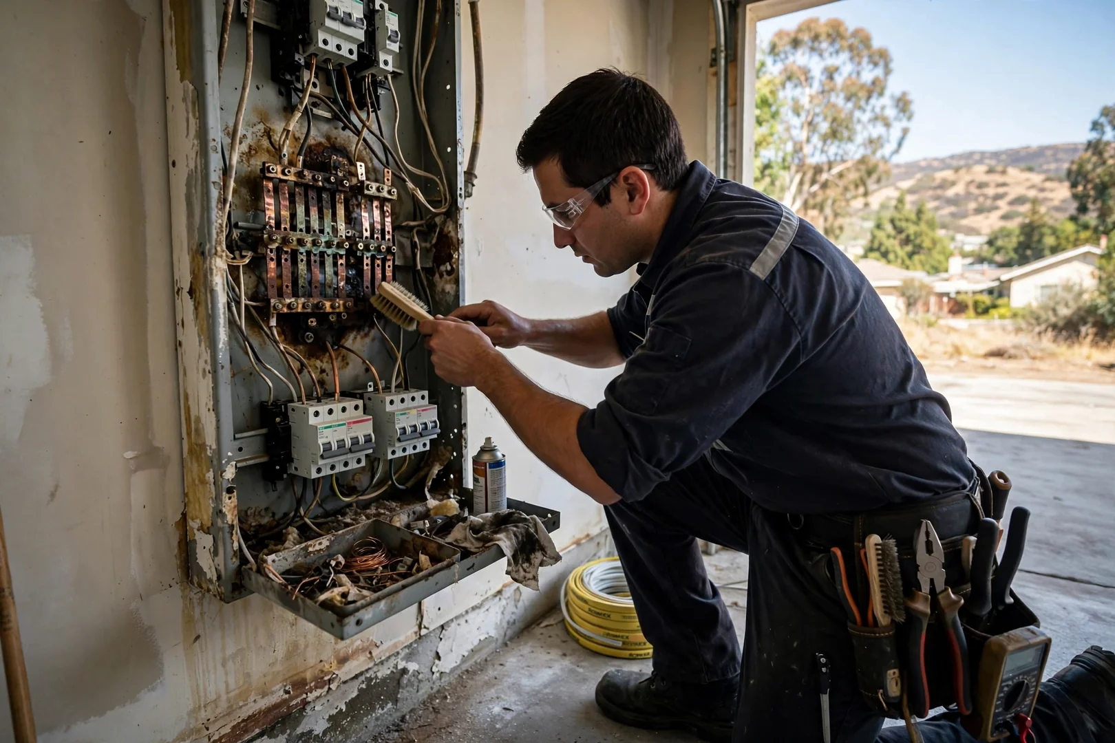 Electrician reviewing wiring estimate notes beside an open panel in a Dublin home