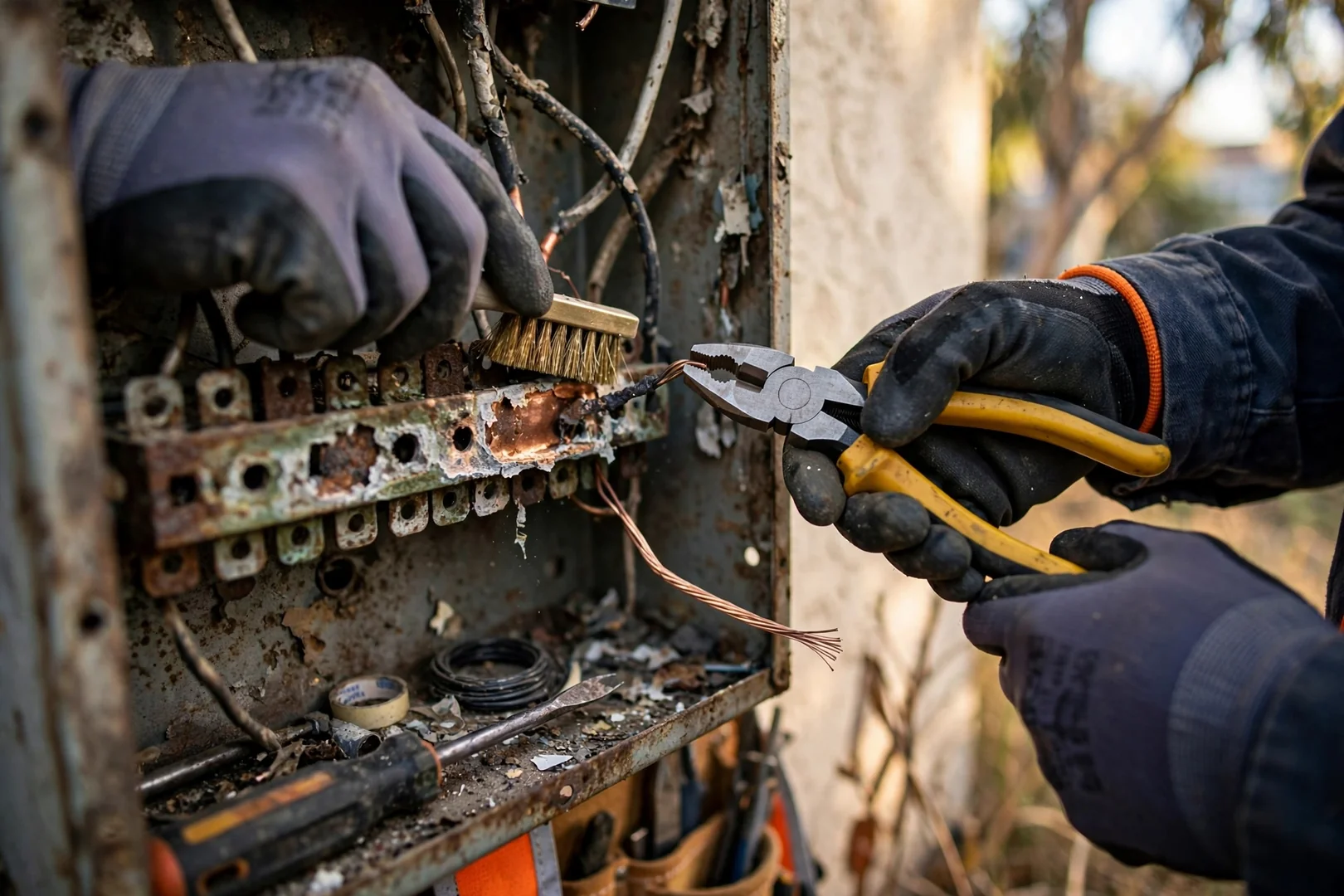 Technician testing aging circuit conductors with a meter in a Dublin attic