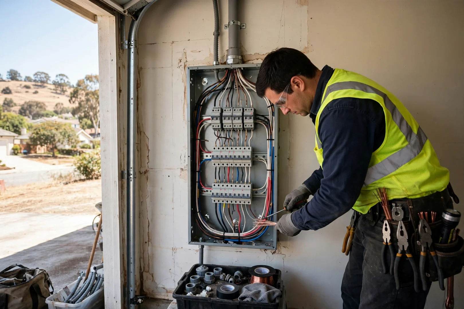 Conduit feeder run entering a garage subpanel with organized conductors and labeled circuits