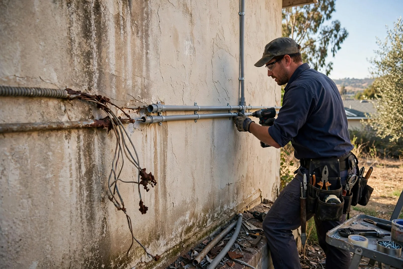 Weathered exterior wall with new sealed conduit run replacing corroded outdoor electrical wiring