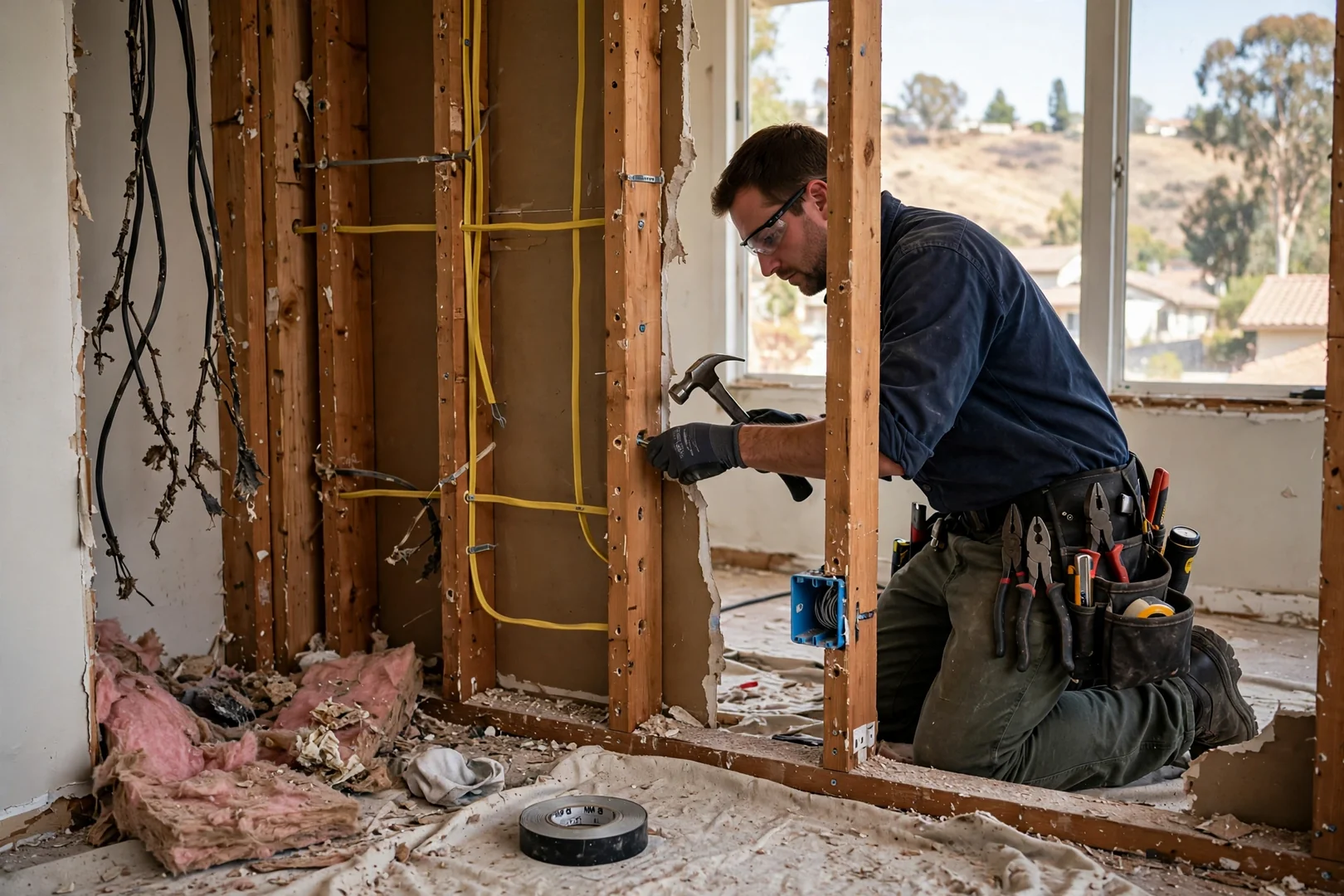 Open wall cavities showing fresh NM-B cable runs during a whole-house rewire project