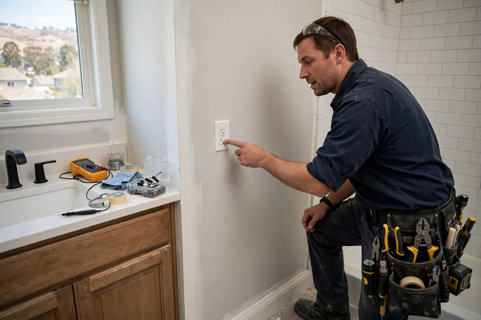 Completed bathroom wall with GFCI outlet installed on a newly run dedicated circuit