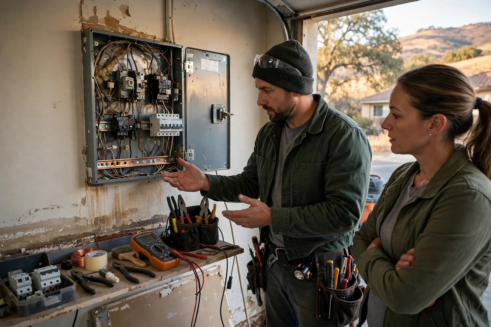 Technician restoring aging branch circuit wiring inside an open wall cavity of a Dublin residence