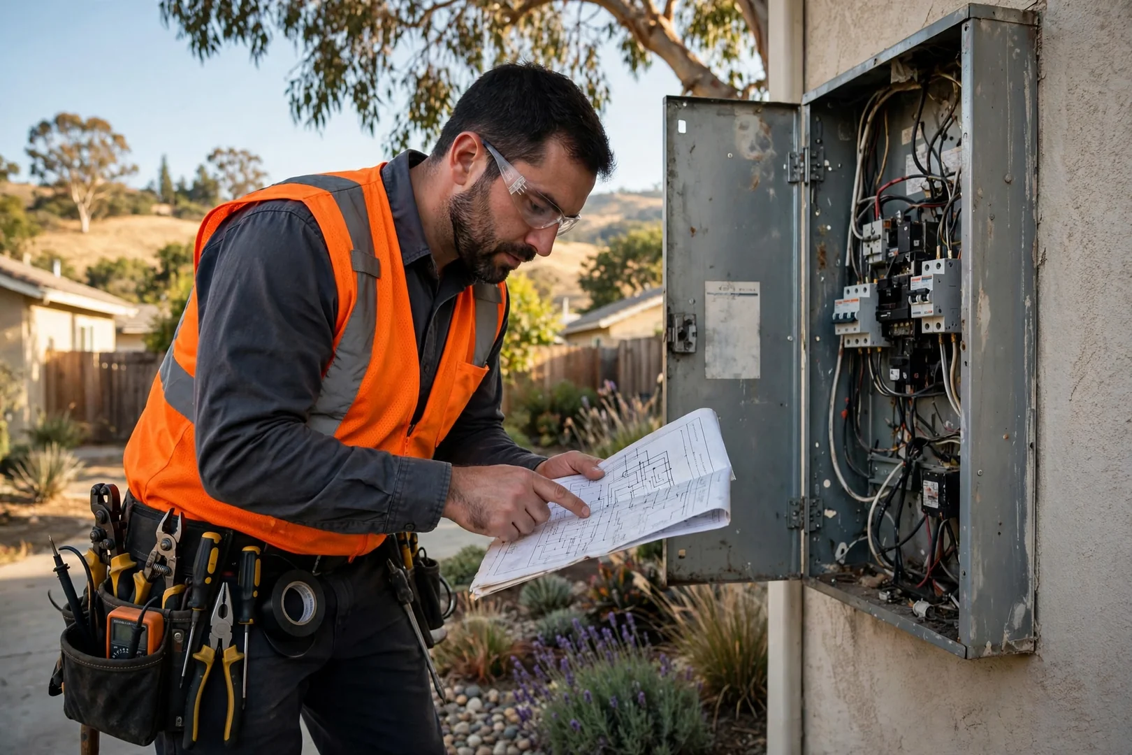 Electrician reviewing panel documentation on site at a Dublin residential property