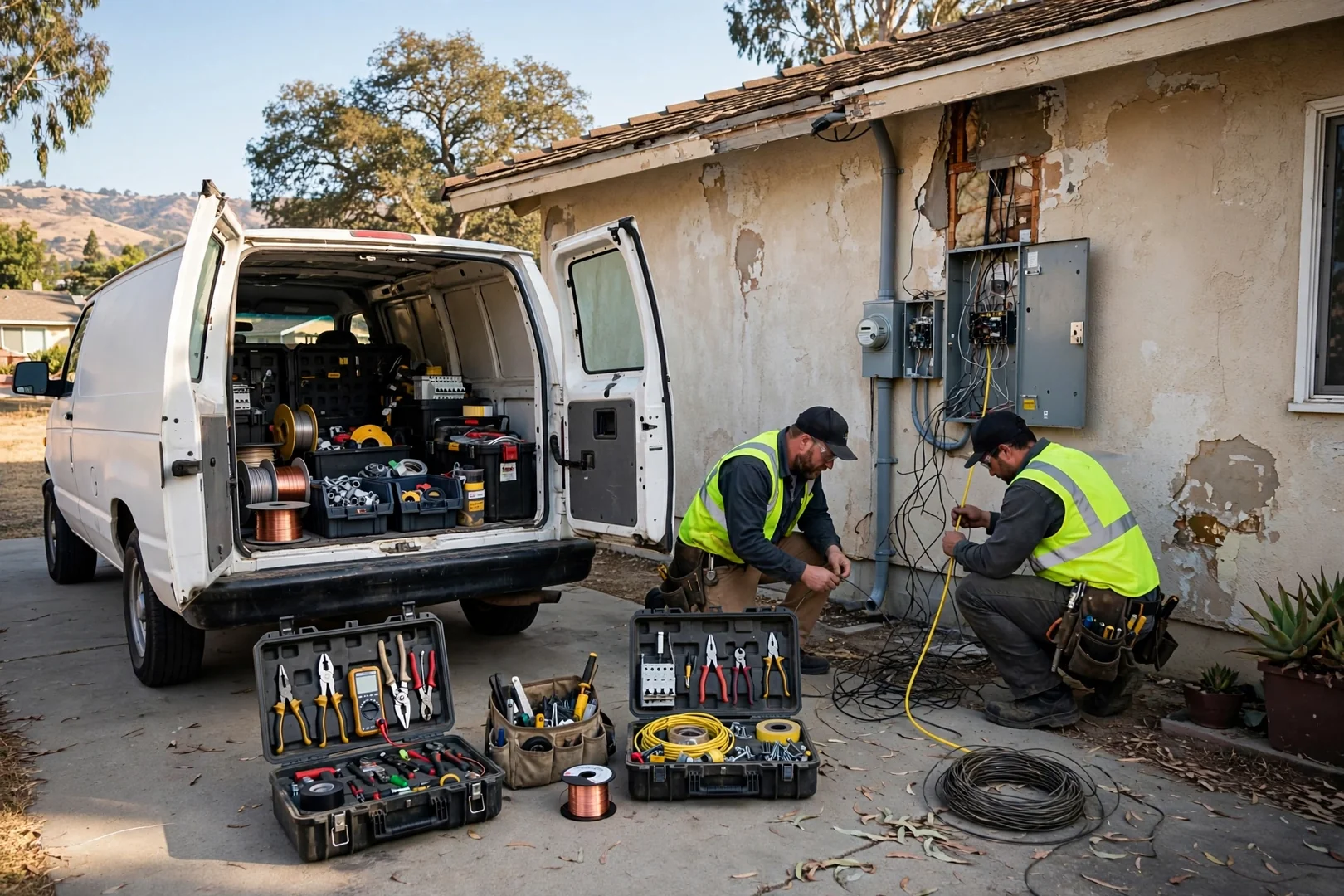 Service van and tool cases staged outside a suburban Dublin home during rewiring