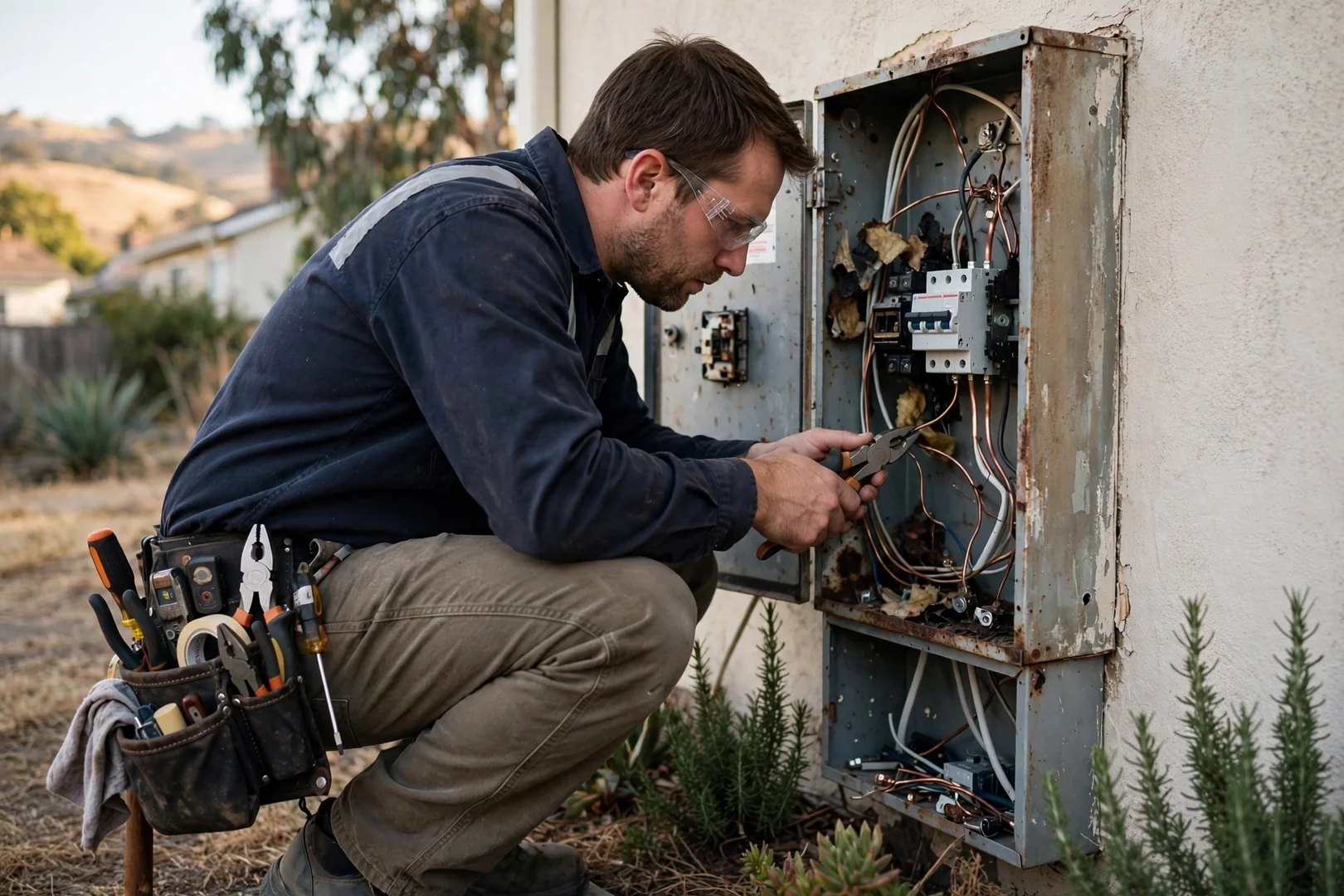 Licensed electrician reviewing service panel wiring during a scheduled Dublin home repair visit