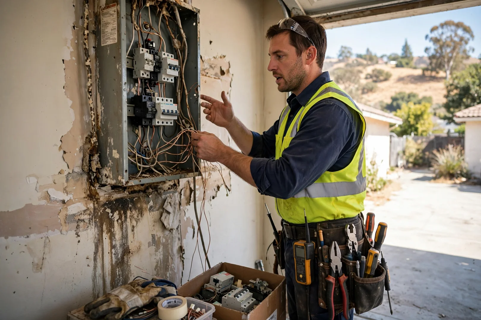 Electrician reviewing a restored electrical panel with a homeowner in Dublin