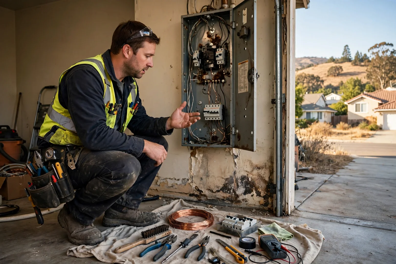 Electrician reviewing a written estimate with a homeowner beside an open panel