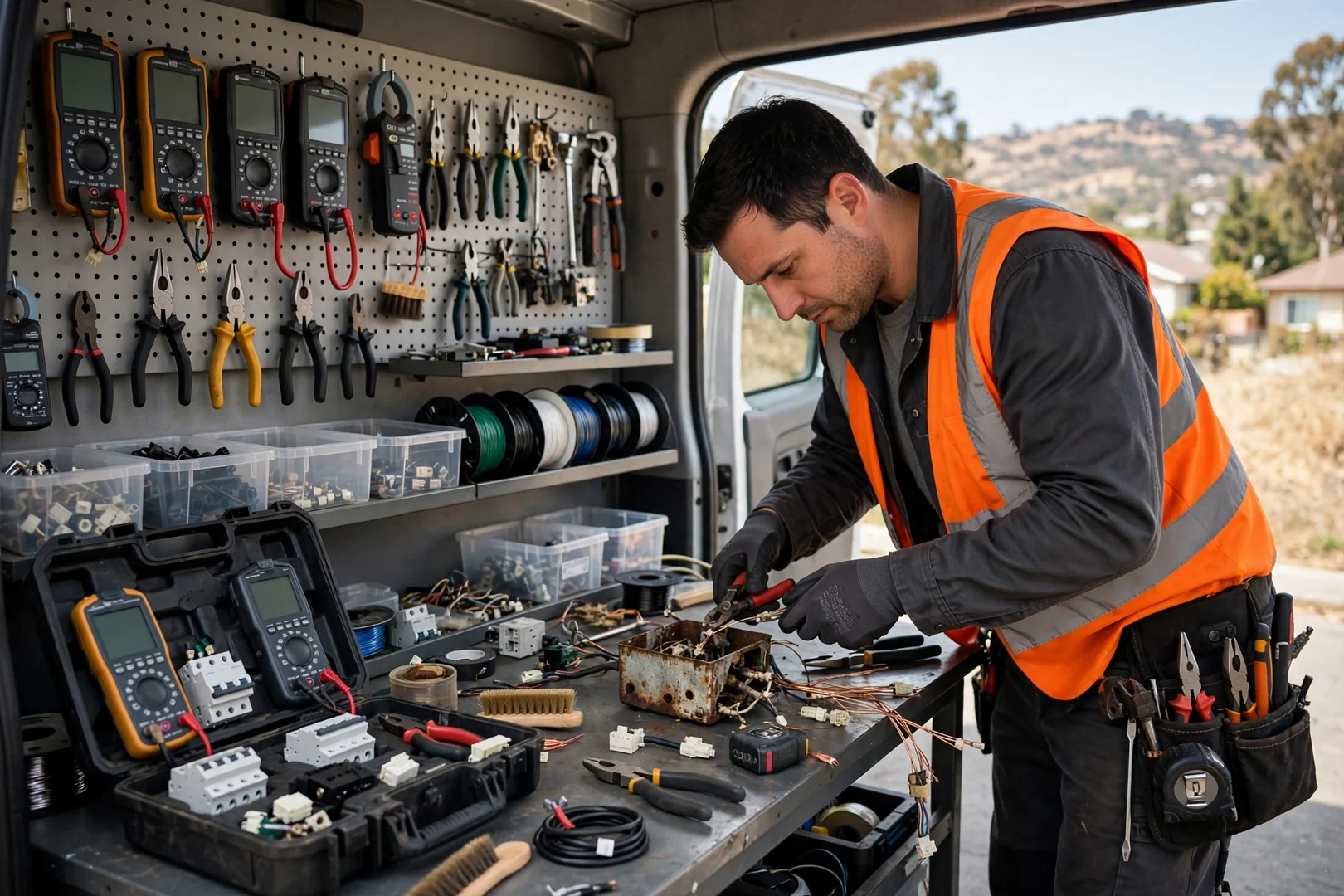 Service van organized with electrical testers meters and wiring tools for Dublin service calls