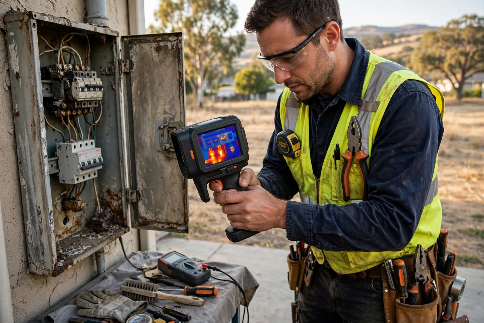 Thermal camera reading a warm breaker termination during an electrical inspection