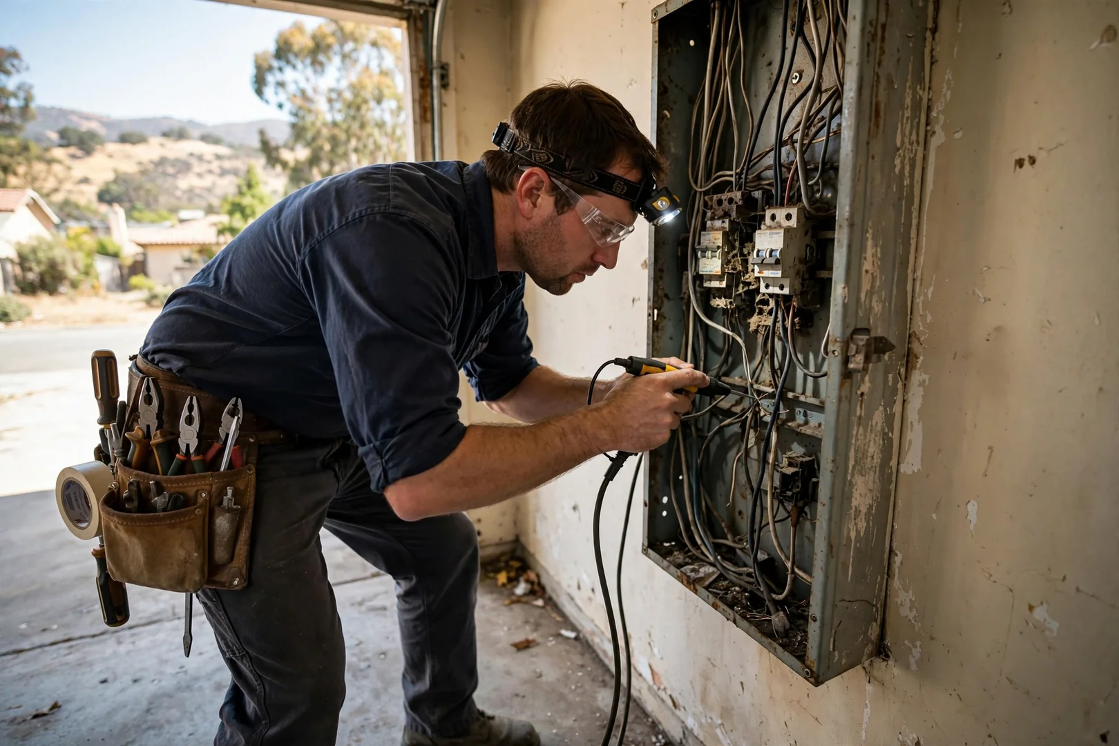 Electrician tracing unmarked circuits in an older Dublin home electrical panel