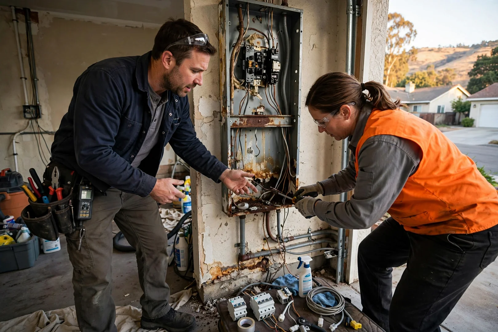 Electrician reviewing panel findings with a homeowner at a Dublin residence