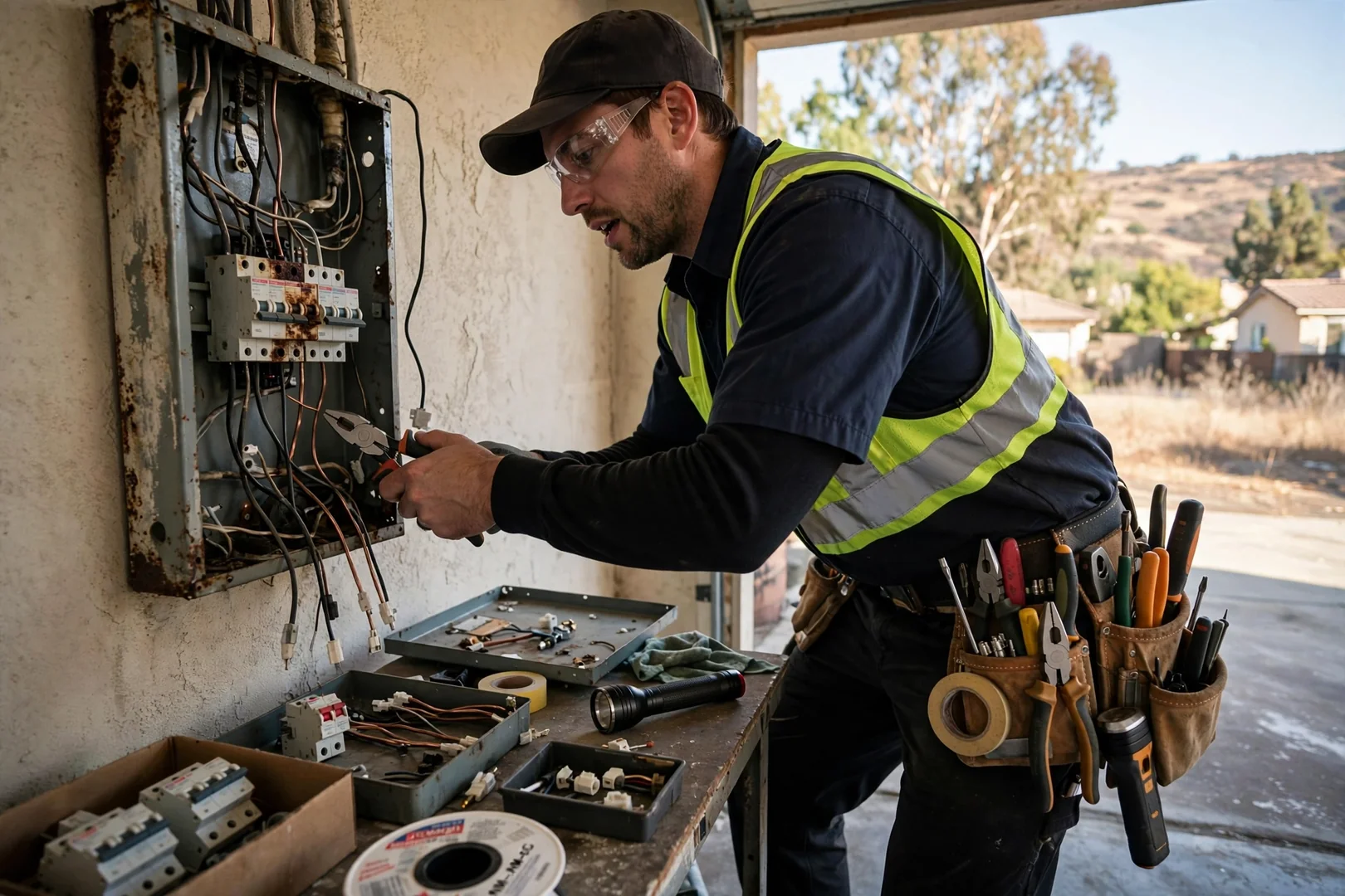Electrician testing voltage at an open residential service panel in Dublin