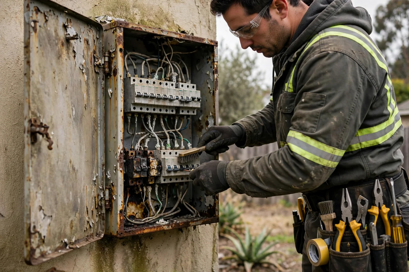 Corroded old subpanel showing scorched wiring before restoration work begins