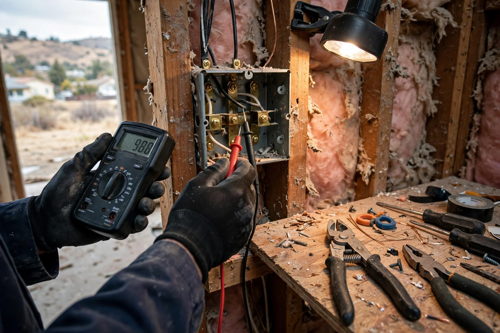 Electrician using a multimeter to troubleshoot a branch circuit at a junction box