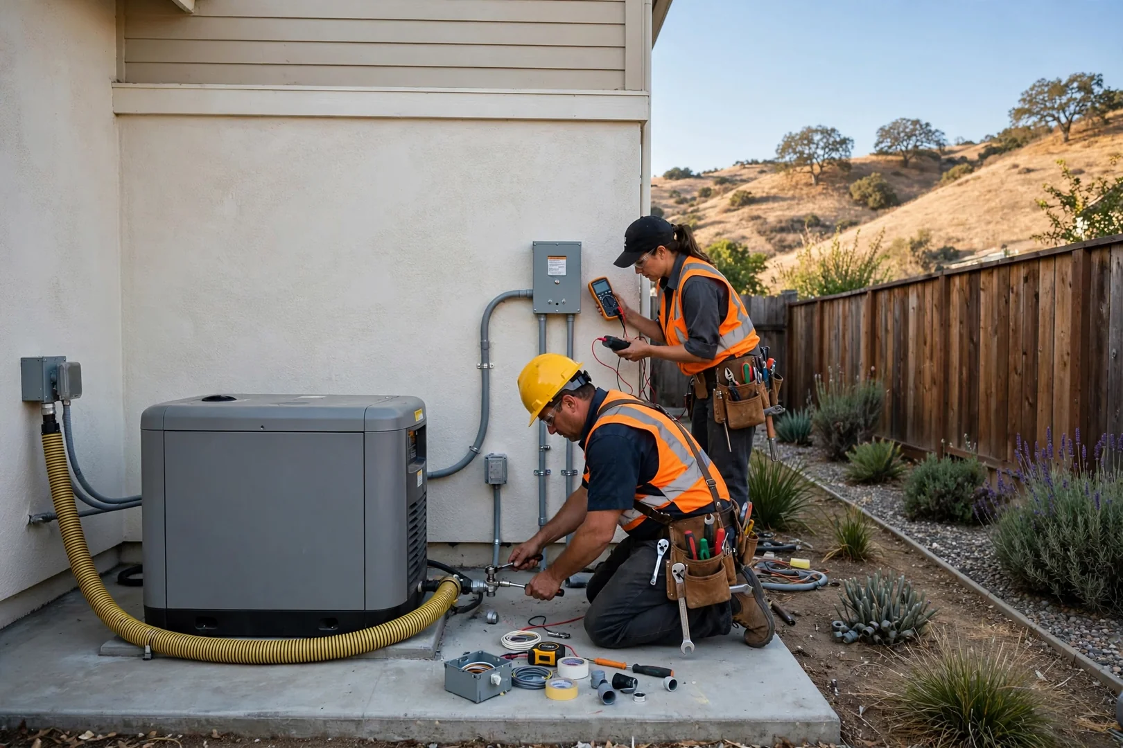 Standby generator installed on a concrete pad beside a Dublin residential yard
