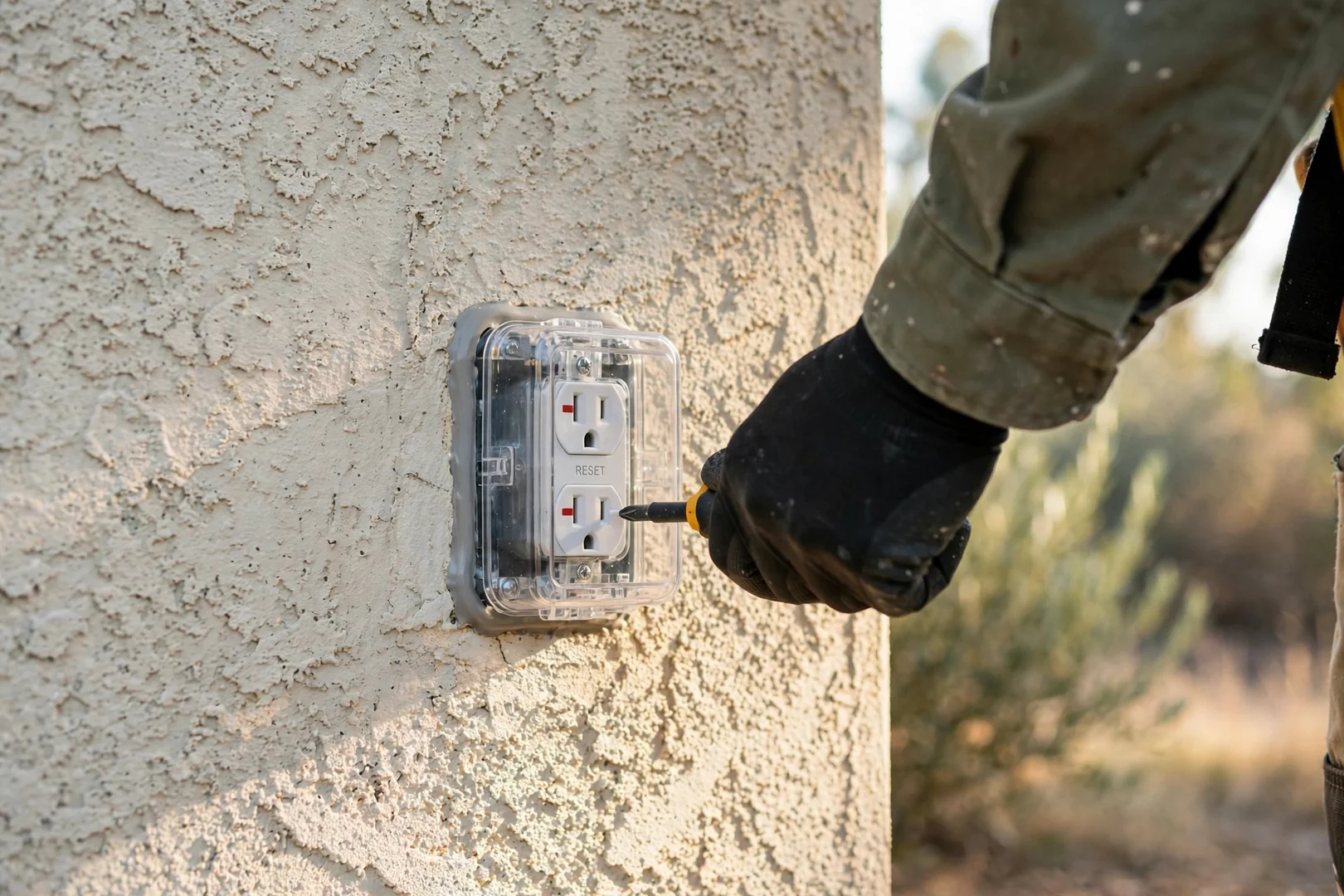New exterior GFCI outlet with weatherproof cover installed on a patio wall