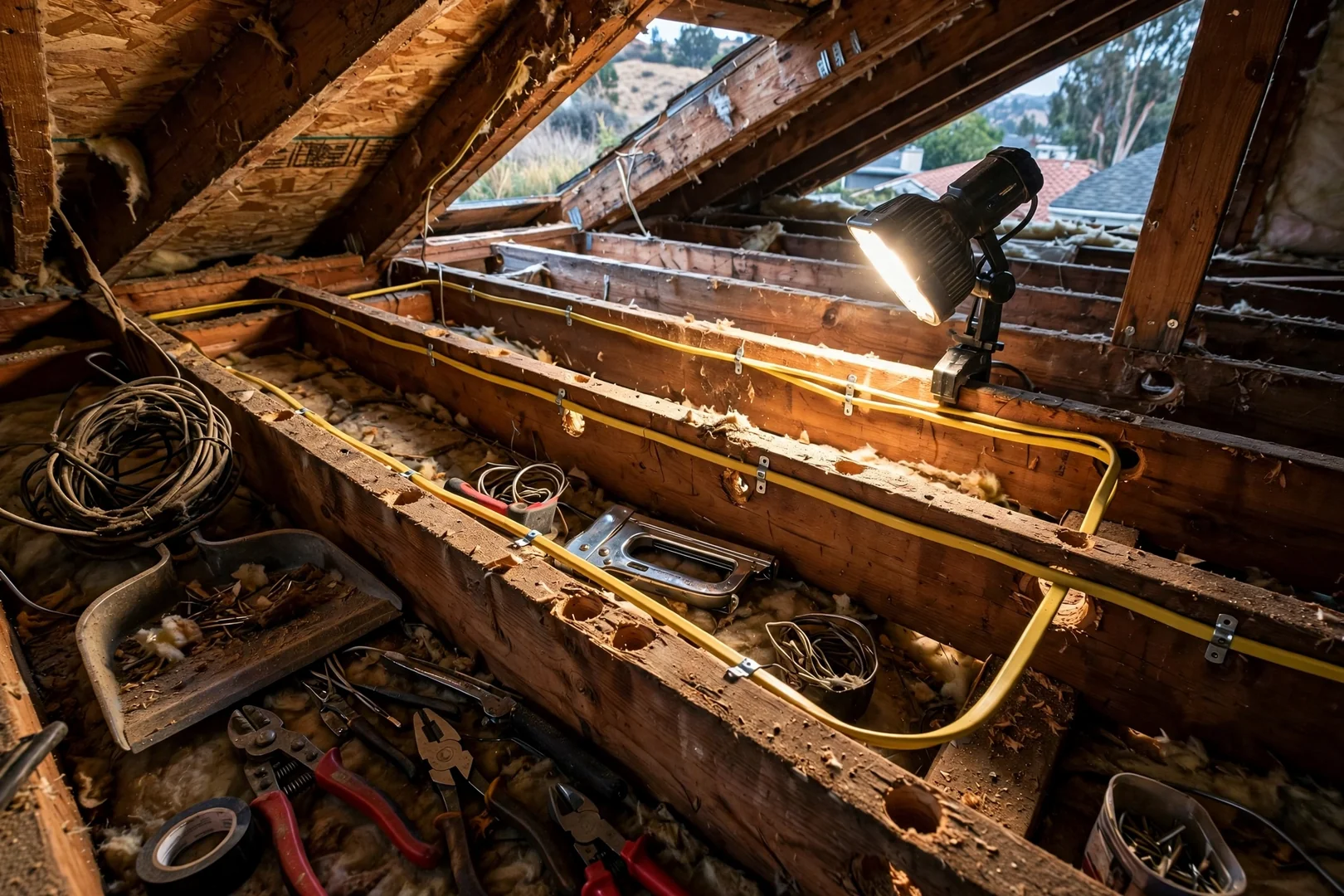 Attic rewiring in progress with new cable runs stapled along ceiling joists