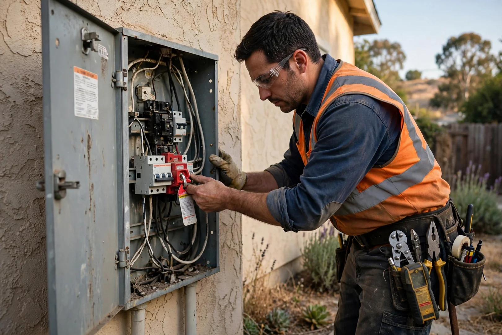Electrician applying lockout tagout at a residential service panel before circuit repair