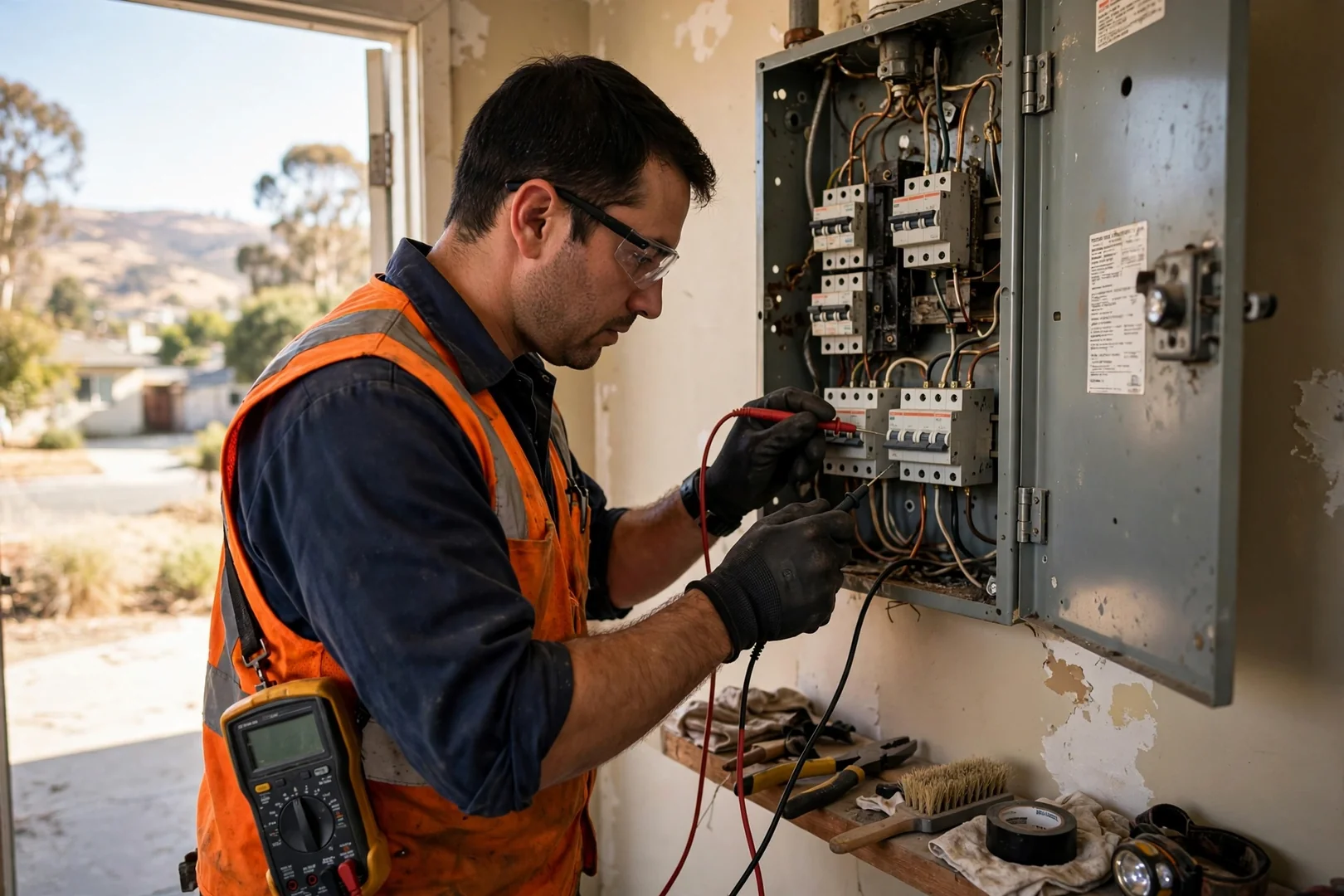 Technician wearing arc-rated gloves testing breaker voltage inside an open electrical panel
