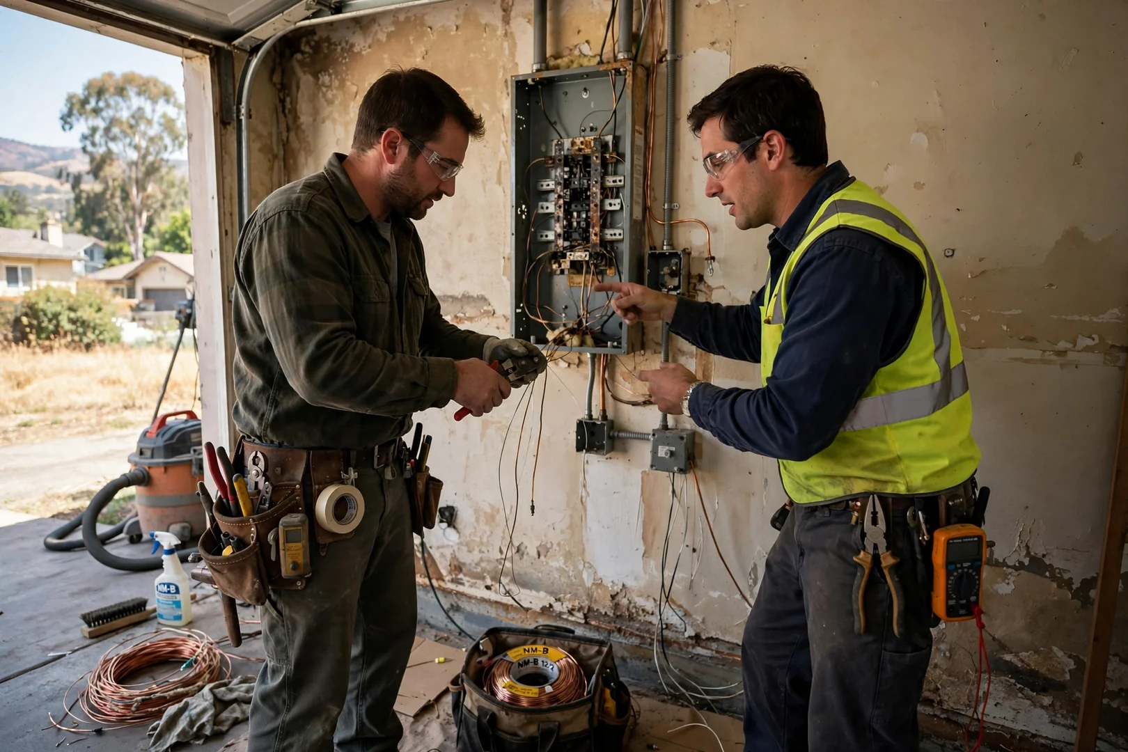 Electrician testing a residential service panel during an emergency repair in Dublin