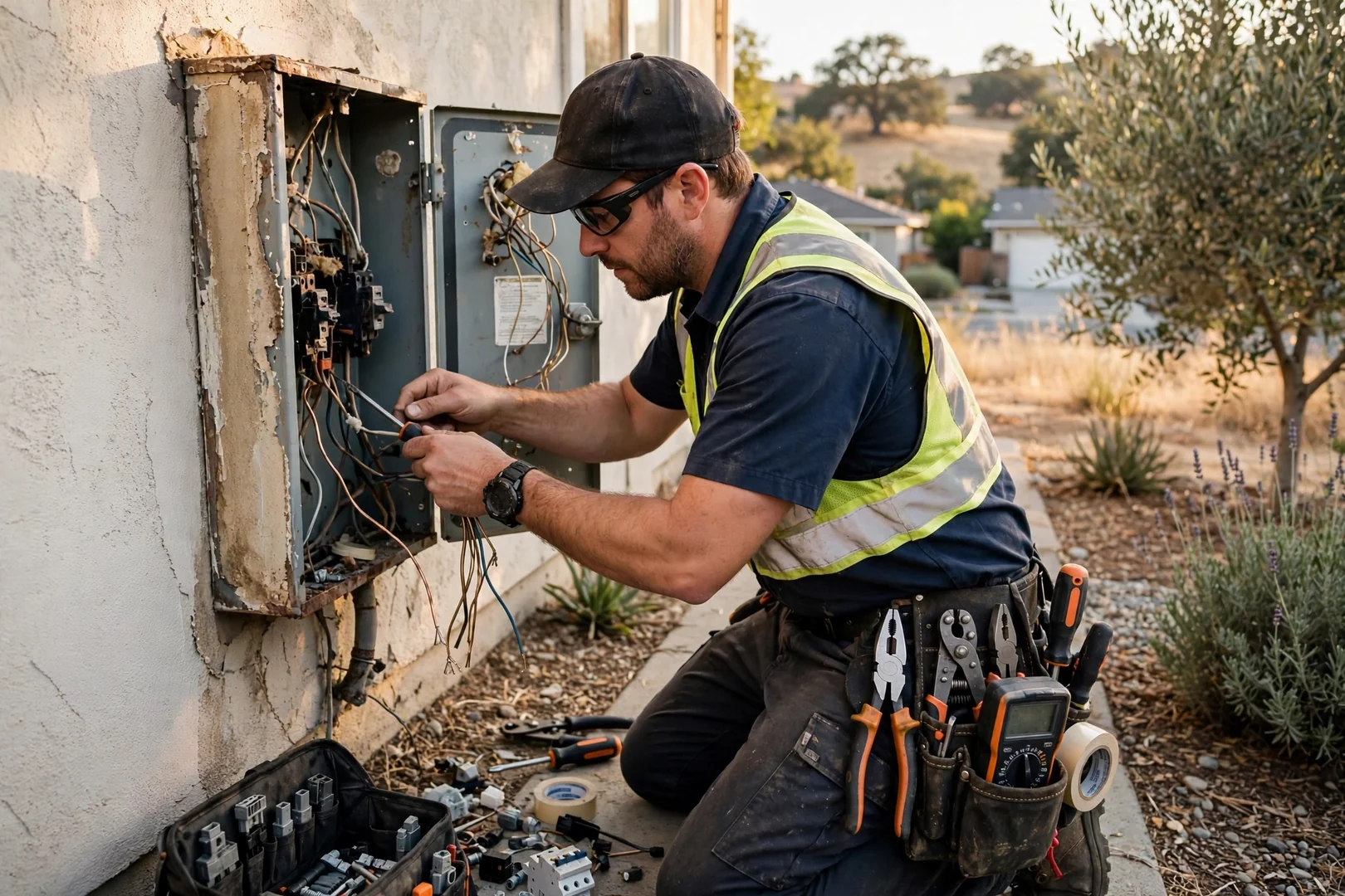 Electrician testing a residential electrical panel during an emergency service call in Dublin