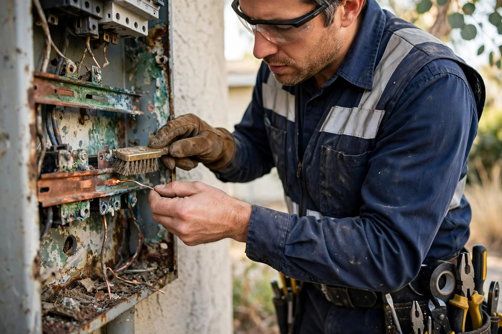 Technician testing panel breaker terminations with a clamp meter after fault