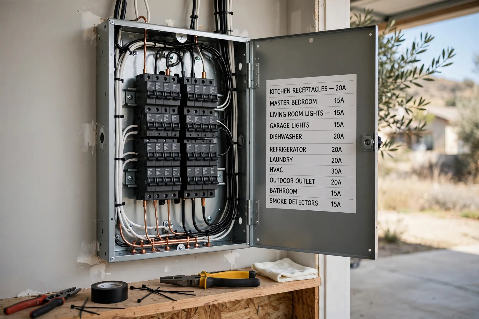 Restored residential service panel with new breakers and organized labeled circuits after emergency repair
