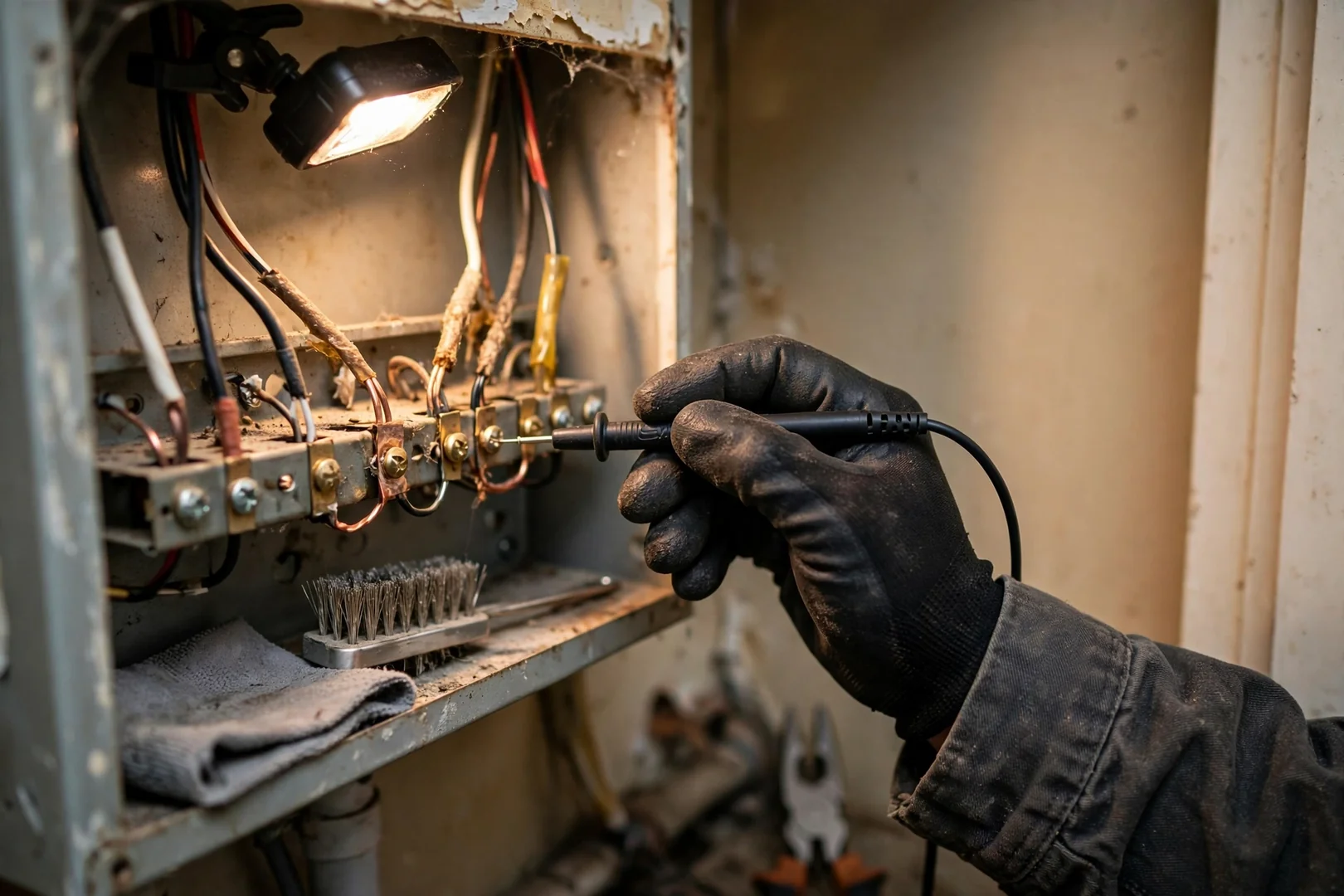 Electrician testing subpanel feeder voltage with a multimeter inside a duplex utility closet
